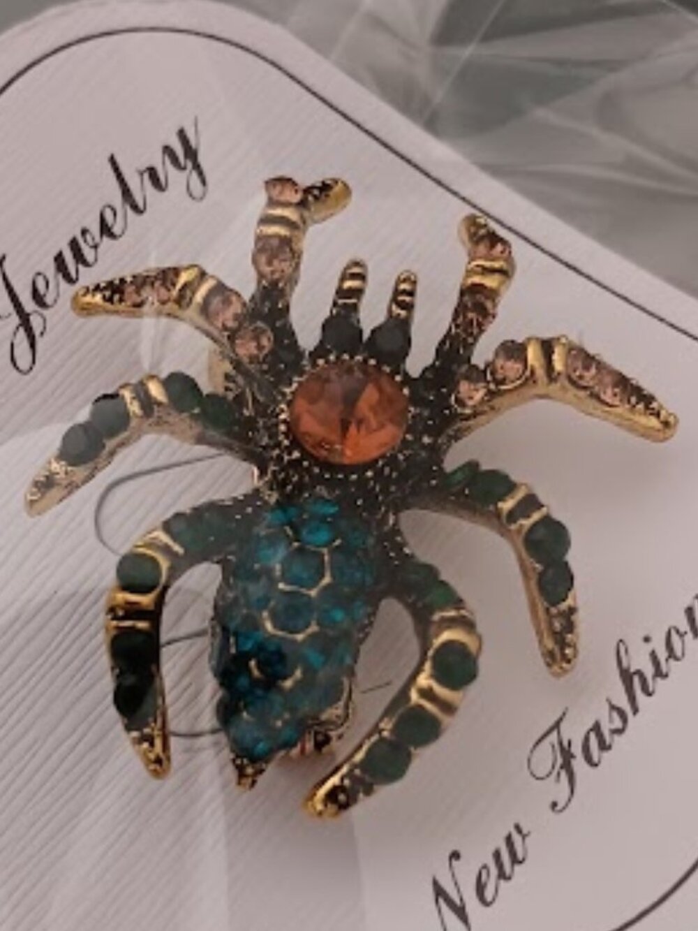 DESIGNER Goth Spider Gold Champagne/Orange/Teal Crystal Brooch Pin**NEW!